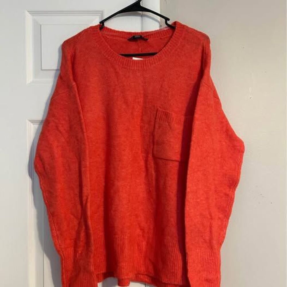 Sanctuary Women’s Large Coral Orange Oversized Pocket Crewneck Sweater NWT